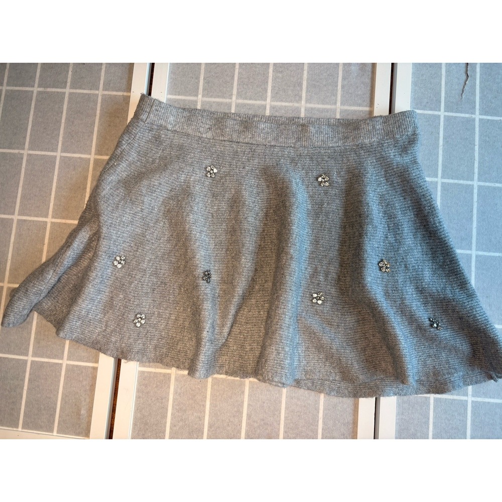 Womens XXL 20 Grey Knit Rhinestone Flower Flare Mini Skirt Coquette Y2K Elastic